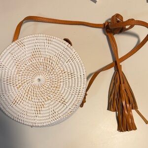 Elegant White and Tan Round Crossbody Bag